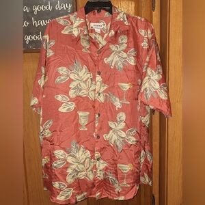 Summa Terracotta and Cream Leaf Print Silk Blend Tropical Short Sleeve Shirt.